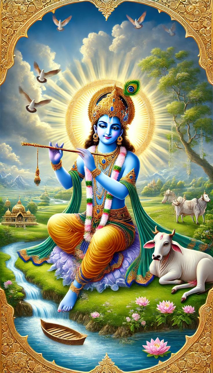 the hindu god sitting in front of a river with cows and birds around him, surrounded by clouds