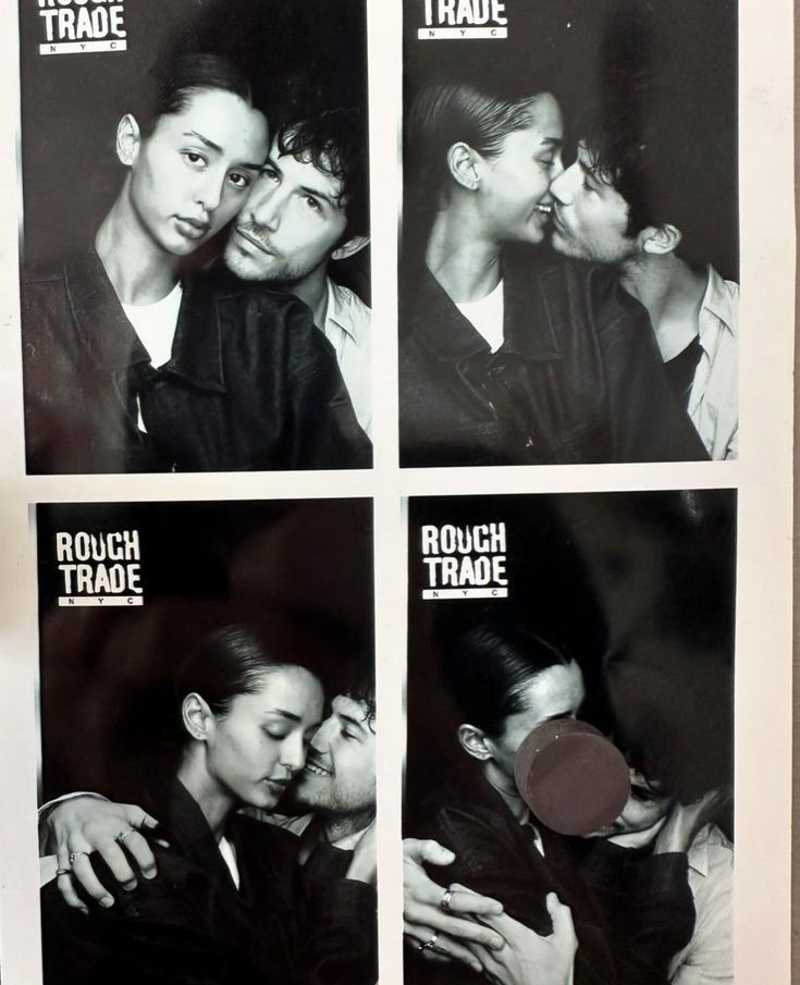 four pictures of two men kissing each other and the words rough trade are in black and white