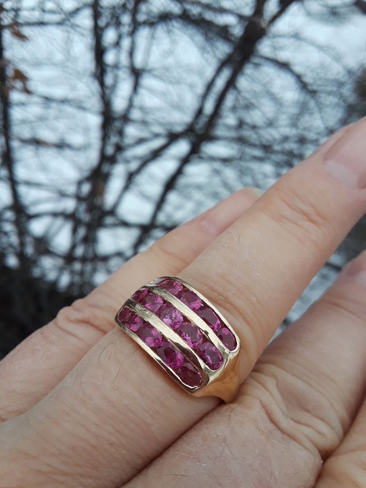 Beautiful 14k Yellow Gold, Natural Pink Sapphire ring, band. Some pics ENLARGED To See Details. Very Good Vintage Pre Owned Condition. Pink Ruby Ring Stamped 14k For Wedding, Pink Ruby Wedding Ring Stamped 14k, Hallmarked Emerald Cut Ruby Anniversary Ring, Yellow Gold Ruby Baguette-cut Jewelry, Yellow Gold Ruby Jewelry With Baguette Cut, Ruby Channel Set Jewelry Gift, Ruby Channel Set Jewelry For Gift, Channel Set Ruby Jewelry As A Gift, Channel Set Ruby Jewelry For Gift