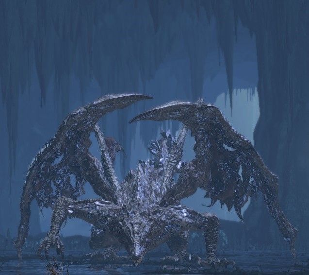 an animated creature with large wings in the dark night sky, surrounded by ice and icicles