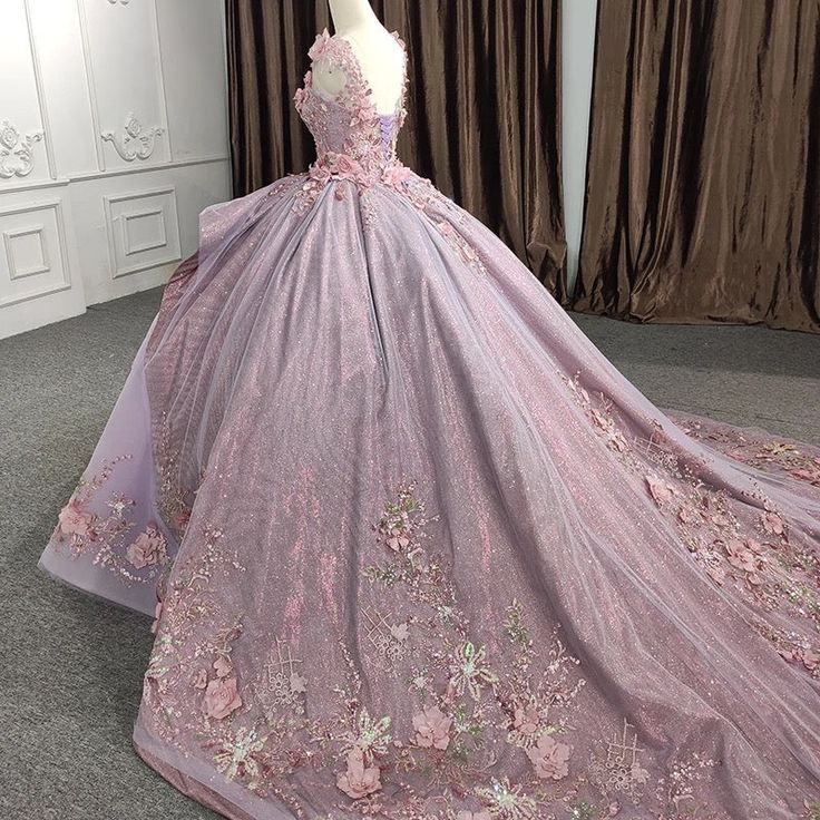 Magical Quinceanera Ball Gown With Sweep Train And Fitted Bodice, Purple Wedding Gown With Detachable Train, Pink Gown With Long Train For Debutante Ball, Pink Gown For Debutante Ball With Long Train, Quinceanera Gown With Sweep Train And Fitted Bodice, Ball Gown With Sweep Train For Debutante Ball, Sweep Train Ball Gown For Debutante Ball, Pink Floor-length Gown With Detachable Train, Quinceanera Floor-length Wedding Dress With Fitted Bodice