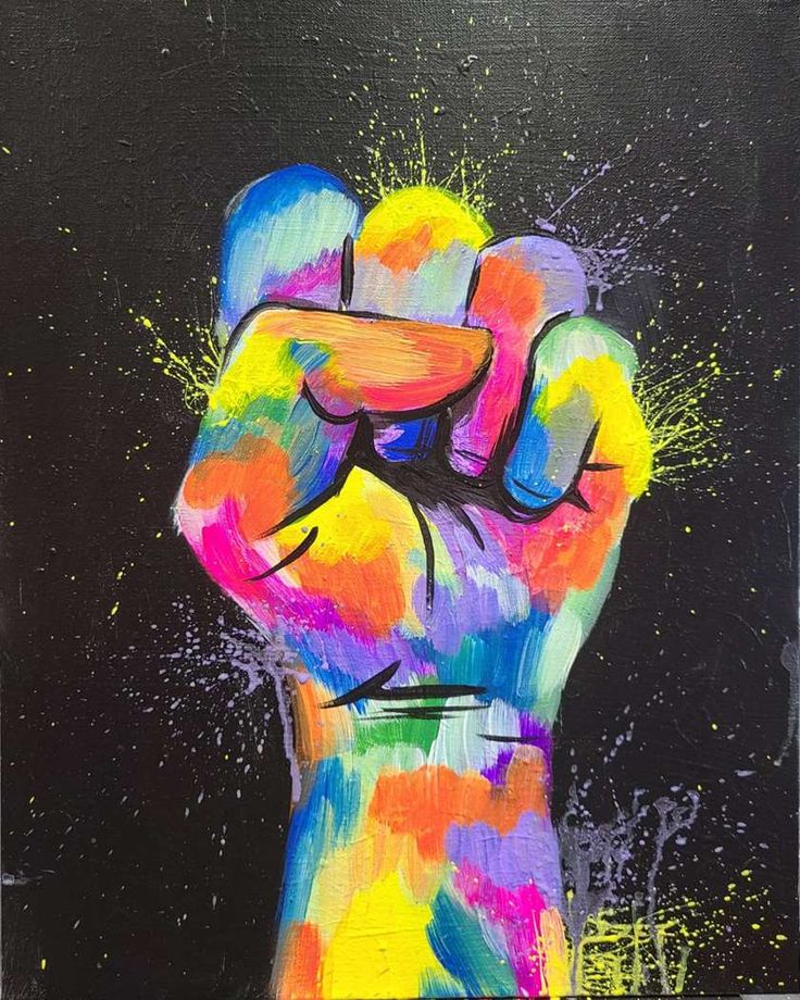 a painting of a colorful hand with paint splattered on it's fingers