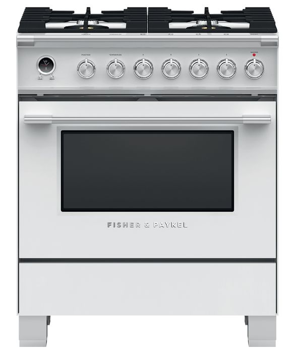 a white stove with four burners and two oven doors on each side, in front of a white background