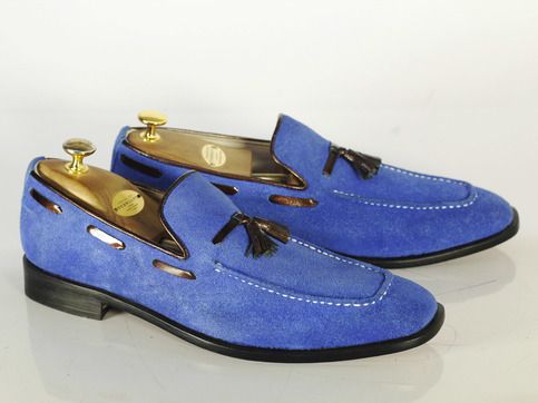 Handmade+Blue+Suede+Tussles+Loafer+Shoes+For+Men's+    Upper+Material+Genuine+Leather+  Inner+Soft+Leather  Style+Tussles  Color+Blue  Sole+Leather  Gender++Male  Heel+Leather    Manufacturing+Time+7+to+10+Business+Days    IMPORTANT+NOTE    Please+measure+your+foot+size+according+to+the+size+char... Blue Suede Shoes Drink, Shoes Men Formal, Loafer Shoes For Men, Blue Suede Loafers, Brogues Men, Custom Design Shoes, Handmade Leather Shoes, Blue Suede Shoes, Tassel Dress