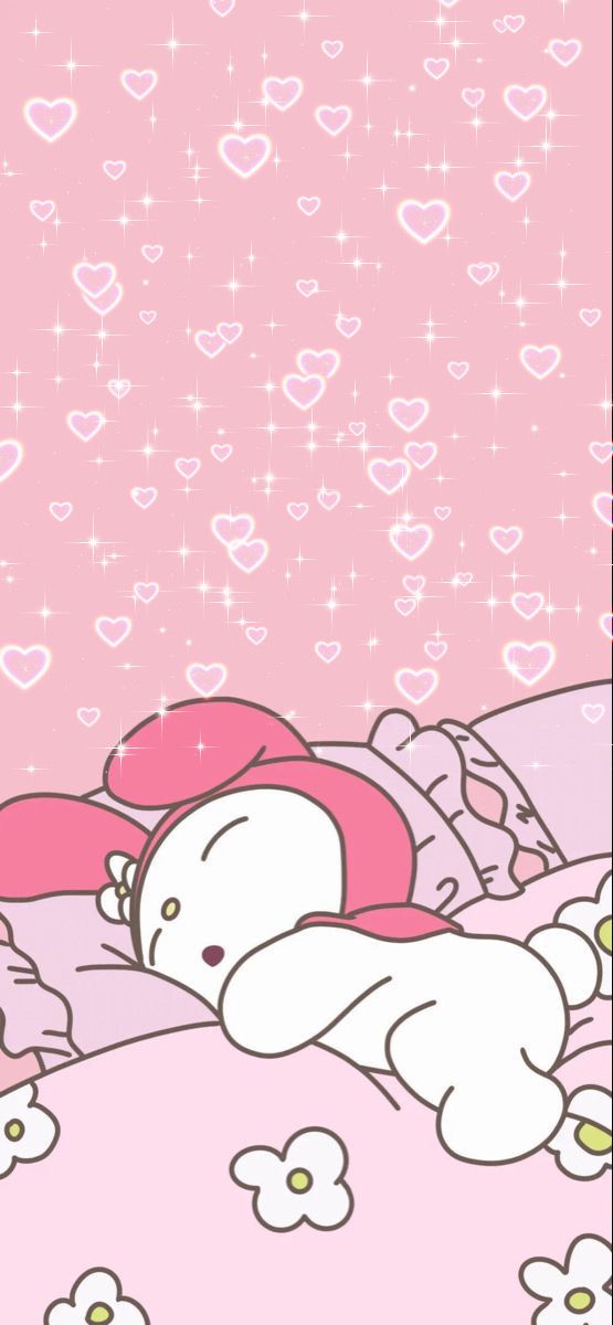 a hello kitty wallpaper with hearts and stars in the sky above her is a pink bed