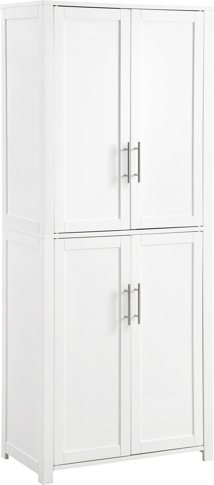 a white cabinet with three doors and two drawers on the bottom, in front of a white background