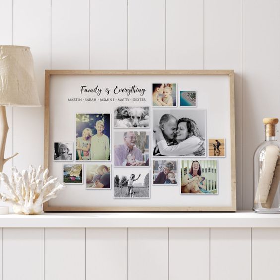 a family is everything photo collage on a mantle with shells and seashells