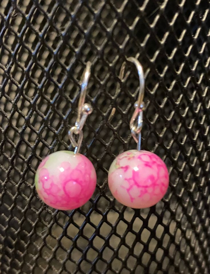 Dangle green/pink earrings. Trendy Hypoallergenic Pink Earrings, Trendy Pink Dangle Jewelry, Trendy Pink Hypoallergenic Earrings, Trendy Pink Earrings, Pink Dangle Flower Earrings Nickel Free, Trendy Pink Beaded Earrings For Gift, Round Pink Earrings For Jewelry Making, Trendy Pink Beaded Drop Earrings, Trendy Pink Earrings For Gifts