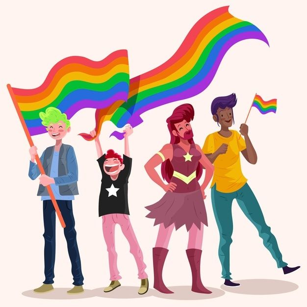 three people are holding rainbow flags and posing for the camera