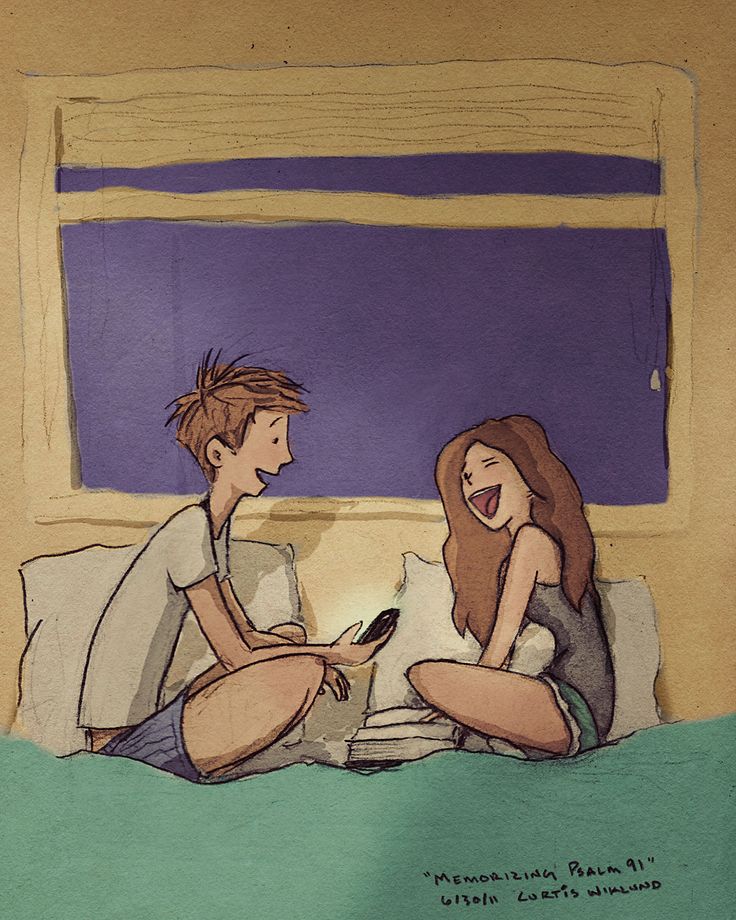 a drawing of two people sitting on a bed looking at a cell phone and laughing