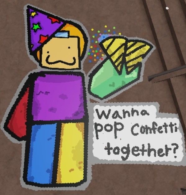 a drawing of a man with a party hat and some food in his hand that says wanna pop together?