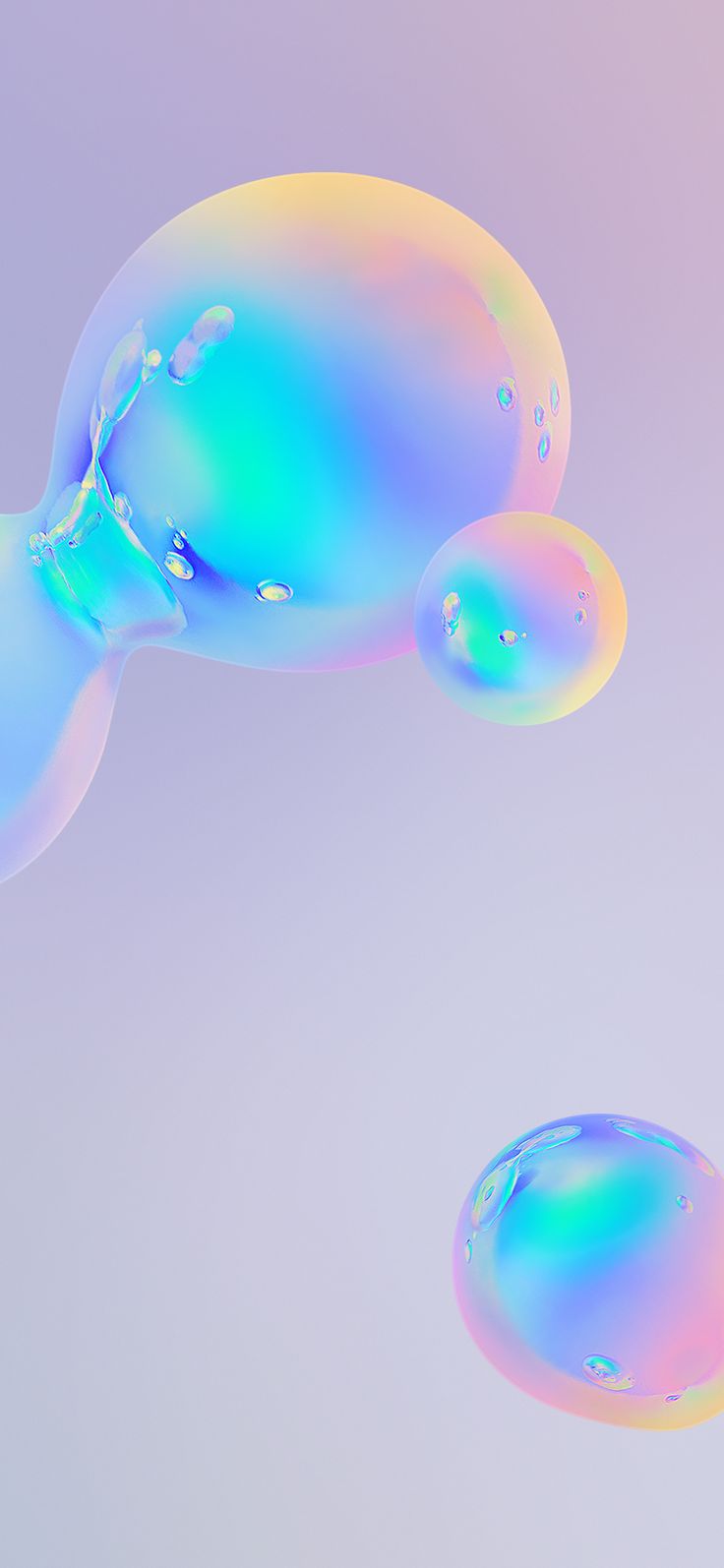 two soap bubbles floating in the air on a pink and blue background with water droplets