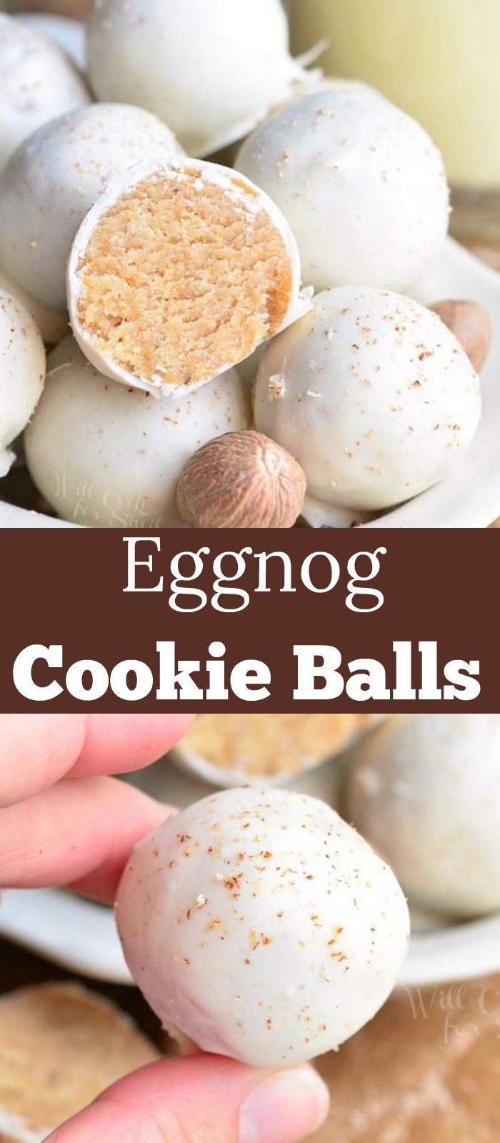 eggnog cookie balls on a white plate with a hand holding the top one