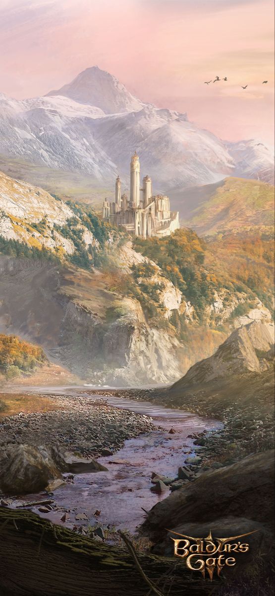 a painting of a castle on top of a mountain with a river running through it