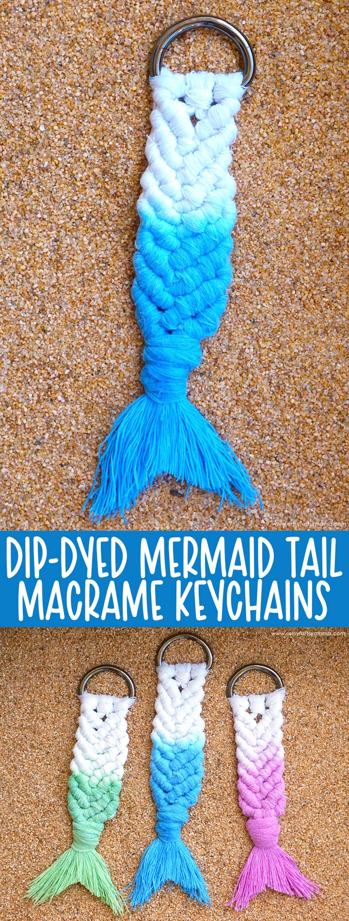 the mermaid tail keychain is made out of yarn and has two different colors