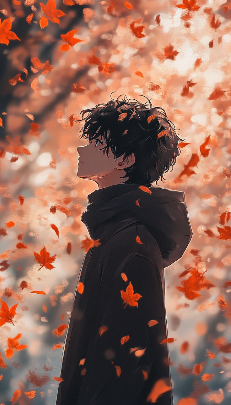 a man standing in front of falling leaves