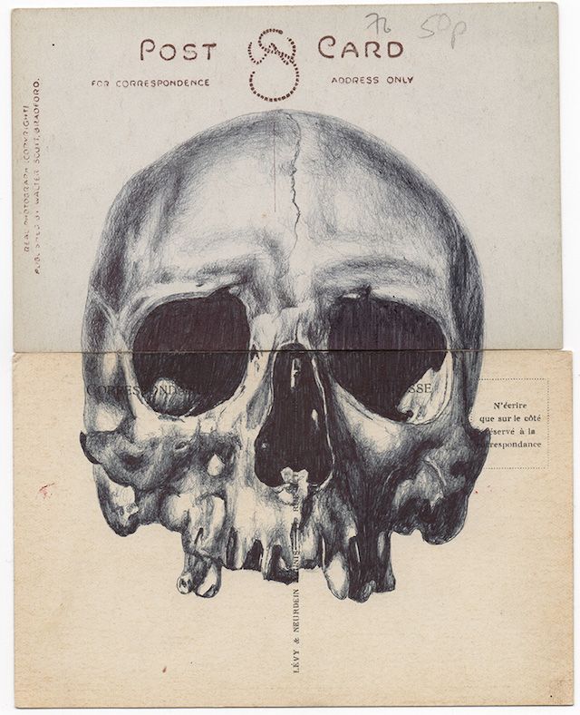 an old postcard with a drawing of a human skull on it's side