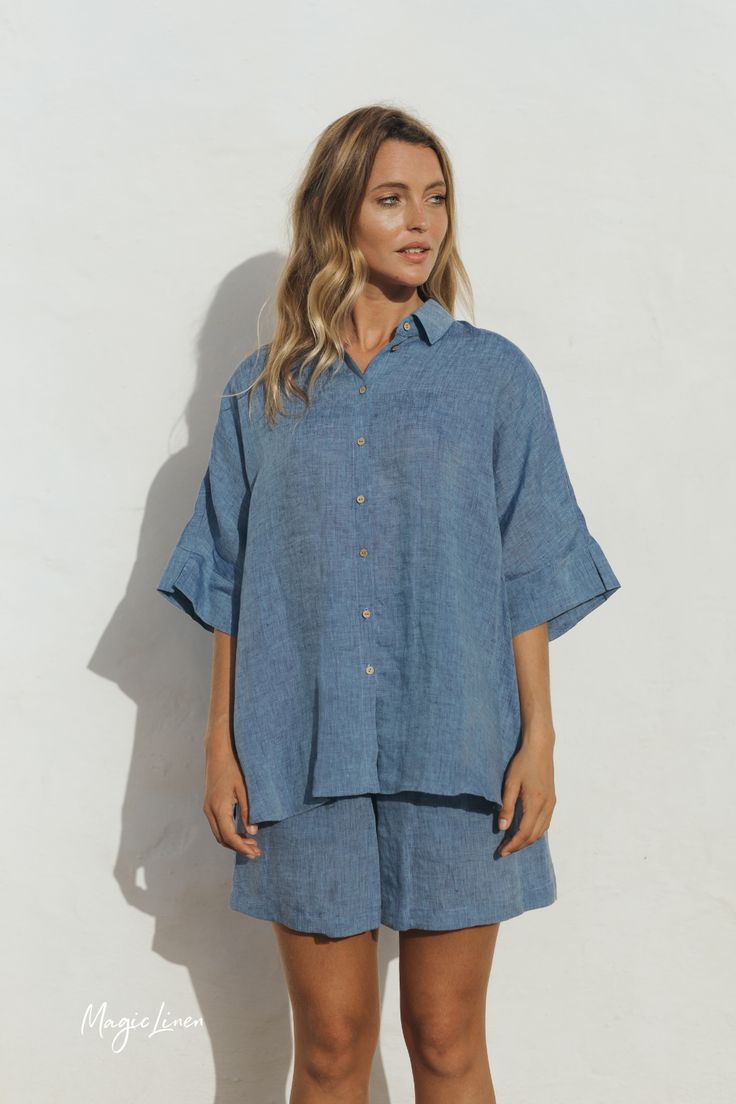 Summer Button-up Chambray Tops, Summer Chambray Button-up Top, Washed Blue Relaxed Fit Blouse For Summer, Washed Blue Relaxed Fit Summer Blouse, Summer Washed Blue Relaxed Fit Blouse, Linen Shirt With Roll-up Sleeves For Summer, Summer Indigo Button-up Shirt, Indigo Short Sleeve Denim Top For Summer, Summer Linen Shirt With Roll-up Sleeves