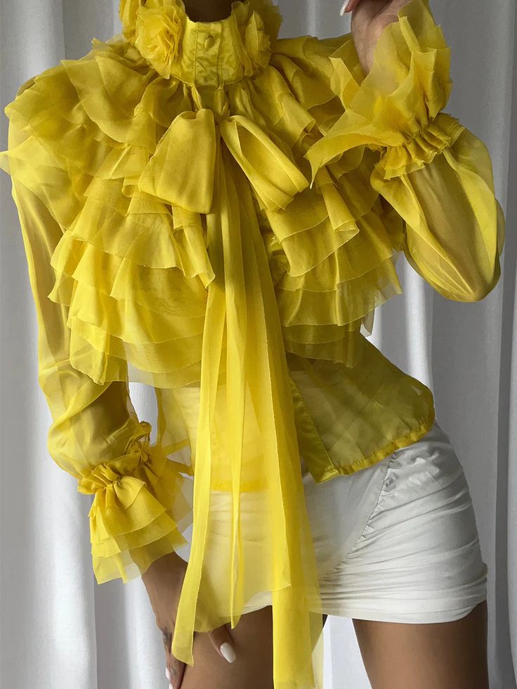 CORAL Bowknot Ruffle Blouse in Yellow – ZCRAVE Ruffle Blouse Outfit, Frilly Top, Frilly Blouse, Fab Dress, Blazer Mini Dress, Mama Style, Top Skirt Set, Ruffle Sleeve Blouse, Sequin Maxi Dress