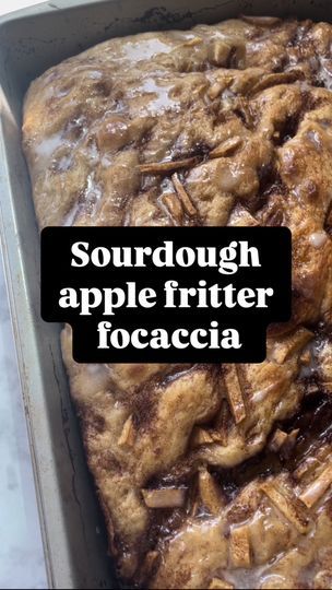 an apple fritter in a pan with the words sourdough apple fritter focaccia