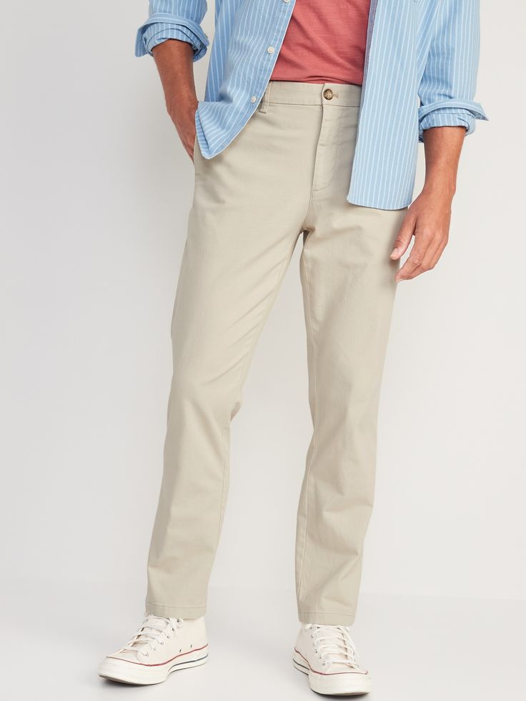 button front belt loops zip fly hip pockets back welt pockets straight thigh and leg hits below ankle model is approx.  6'1" and wears size 32w x 32lmachine wash according to the care instruction label spandex 2% cotton 98%