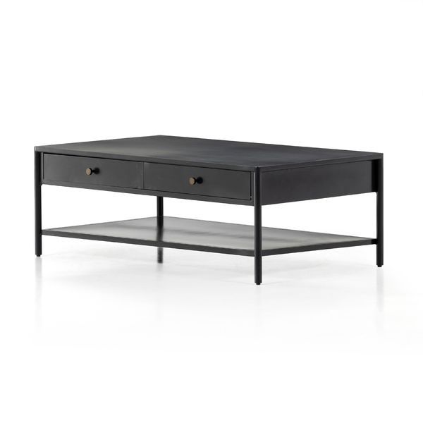 a black coffee table with two drawers on each side and an open shelf underneath it