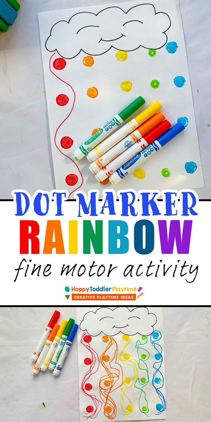 rainbow colored crayons and markers on paper with the words dot marker rainbow