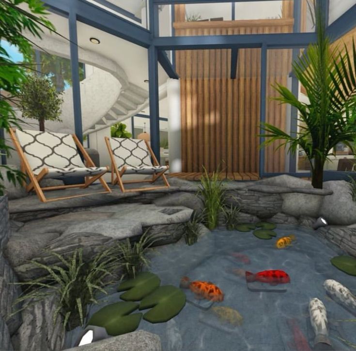 a room filled with lots of plants and fish swimming in the water next to rocks