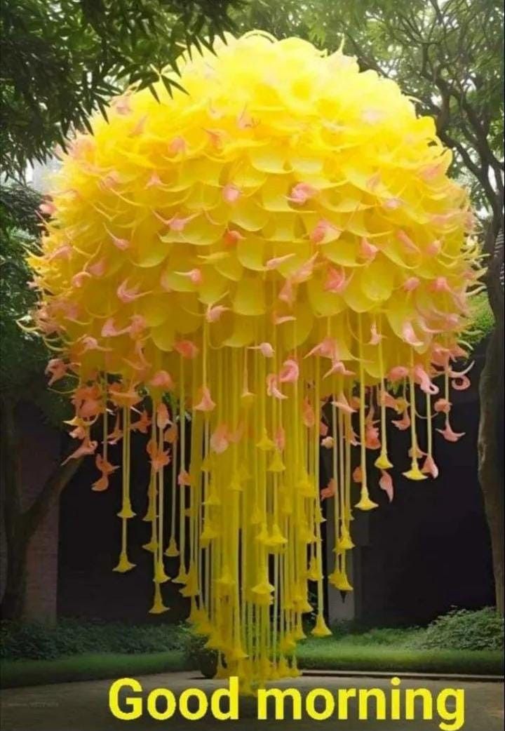 a large yellow flower hanging from the side of a tree with words good morning on it