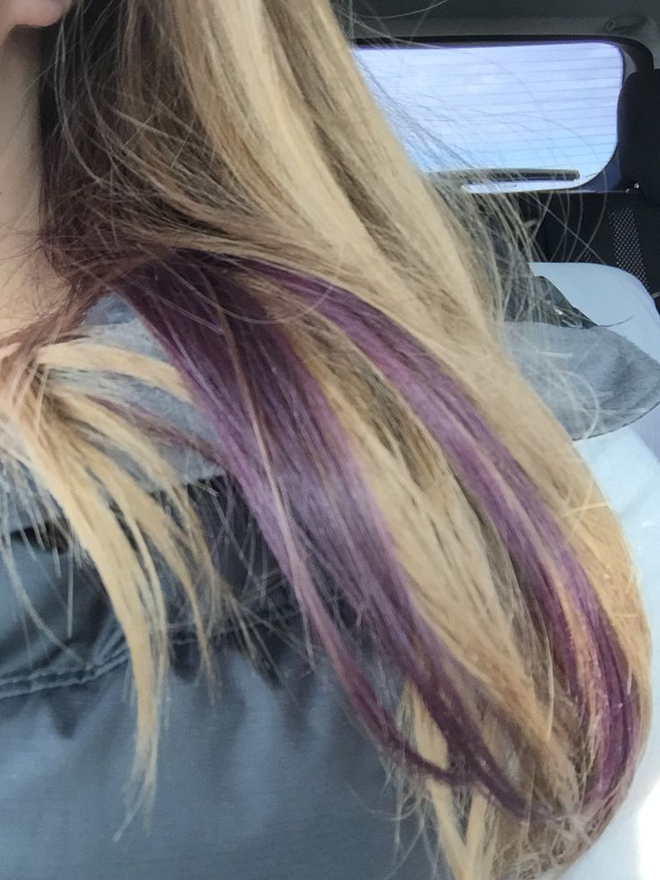 Purple streak Hair Streaks For Blonde Hair, Light Brown Hair With Purple Streaks, Hair Streaks Purple, Purple And Light Brown Hair, Purple Strands In Brown Hair, Purple Underdye Hair Blonde, Purple Streaked Hair, Streaks Of Purple In Hair, Purple Streak In Brown Hair