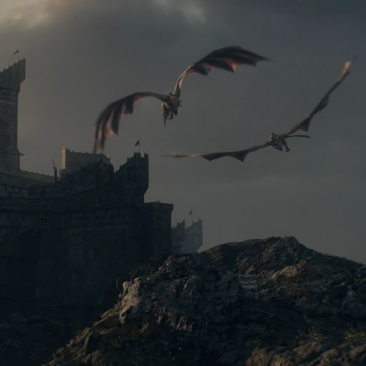 two birds flying over a castle on top of a hill