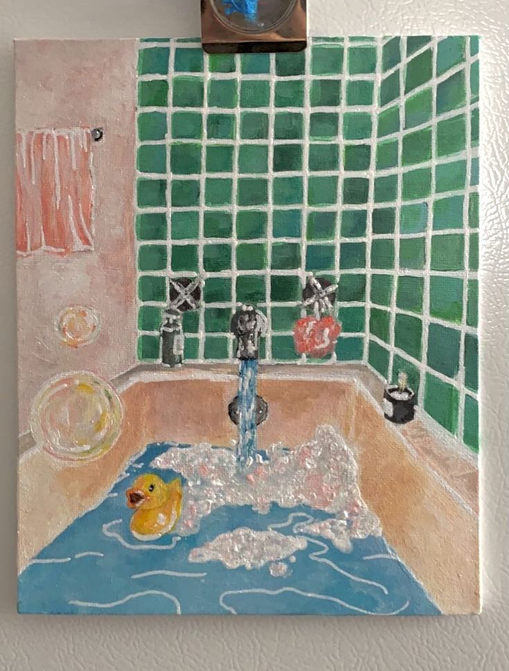 painting acrylic pastel aesthetic bubble bubble bath green duck blue pink Watercolor Bathtub Art, Bubble Bath Sketch, Cute Bathroom Drawing, Bathroom Acrylic Painting Ideas, Painting Of Bathtub, Bathroom Drawing Aesthetic, Drawings Of Bathrooms, Bath Tub Painting Art, Bathtub Perspective