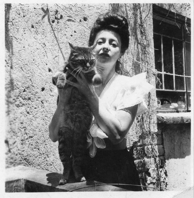 an old photo of a woman holding a cat