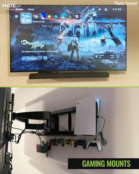 two pictures side by side with the same tv screen and video game remotes attached to it