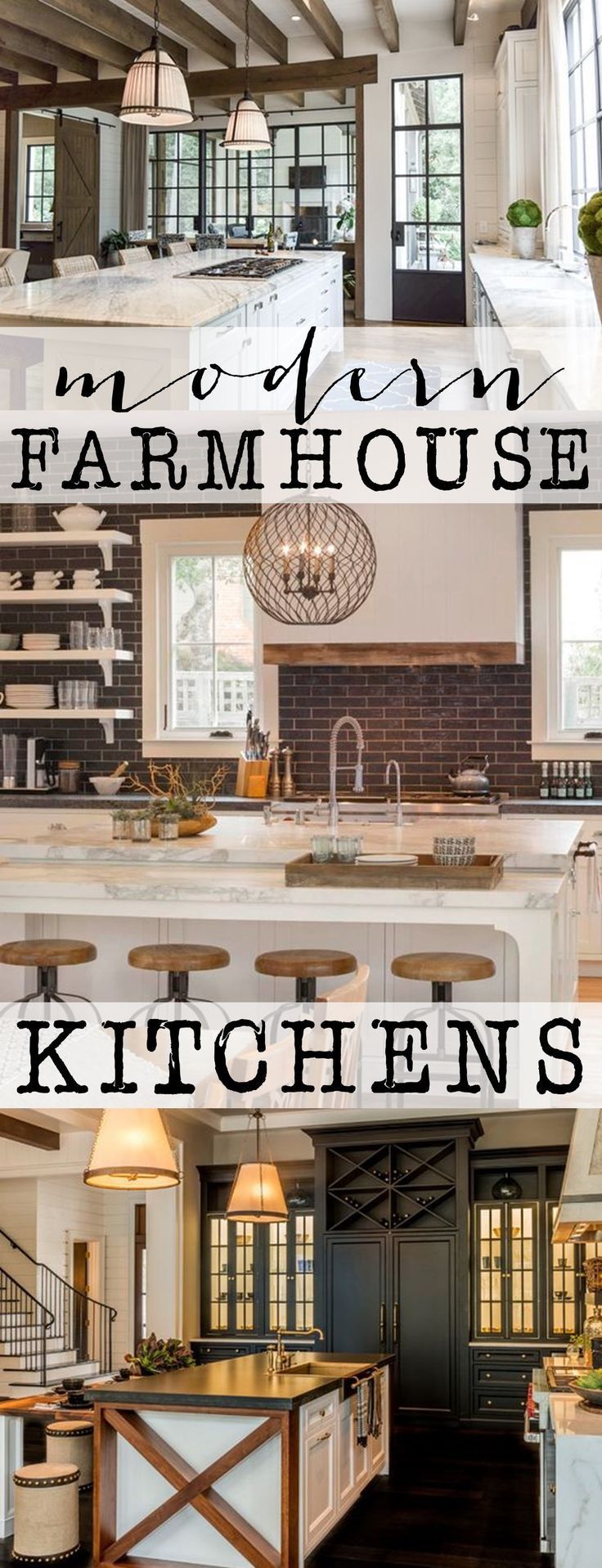 an open kitchen and living room are featured in this collage with the words, farm house kitchens