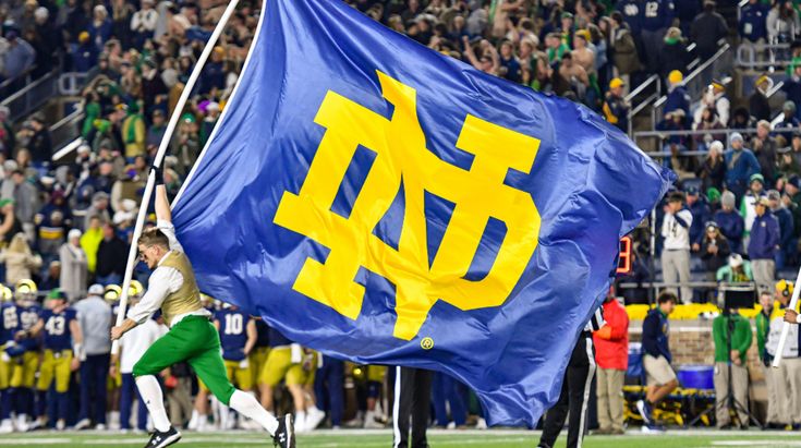 a man running with a flag in front of a football stadium full of people watching