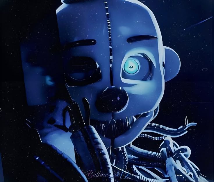 a blue robot with glowing eyes and an alien like head is standing in front of a black background