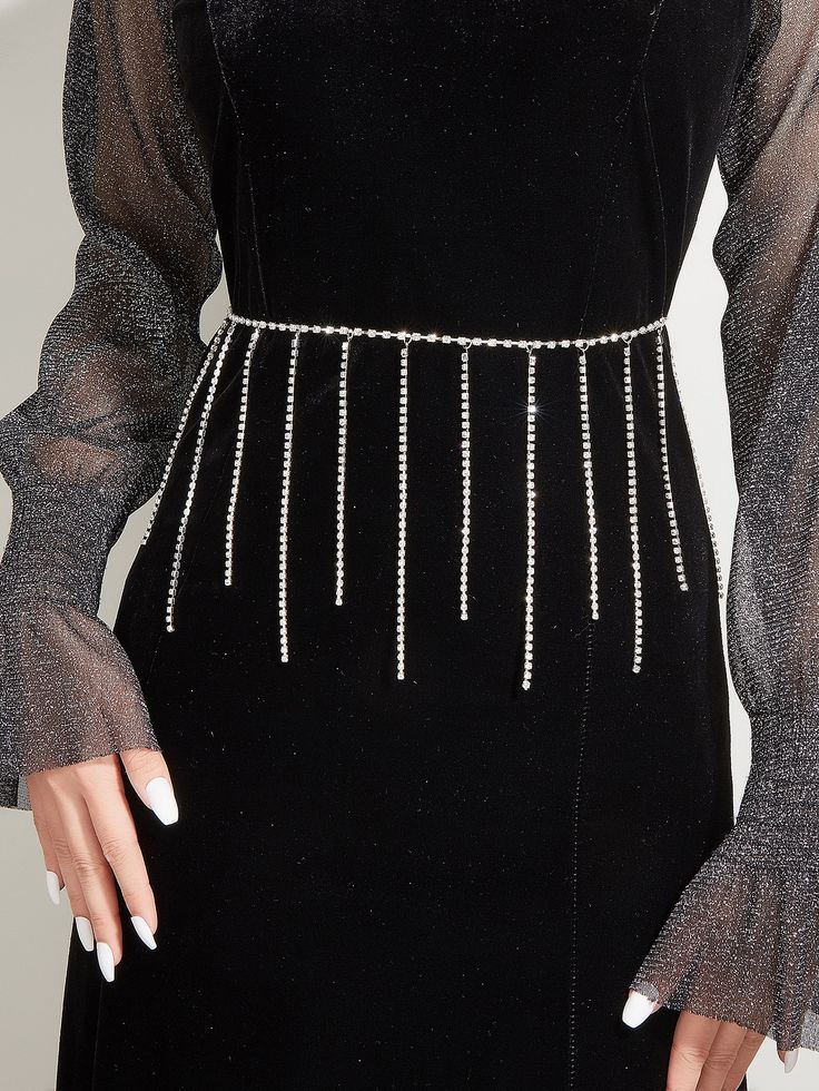 Silver Glamorous Collar  Zinc Alloy  Waist Skirt Embellished   Women Accessories Rhinestone Chain Dress, Rhinestone Belly Chain, Outfits 30s, Pants Chain, Pant Chains, Tassel Decor, Latest Dress Design, Rhinestone Fringe, Chain Dress