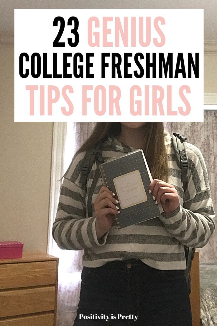 a girl holding a book with the title 23 genius college freshman tips for girls