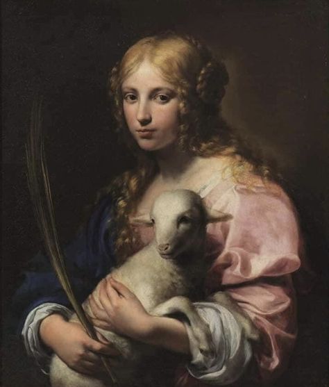 a painting of a woman holding a lamb