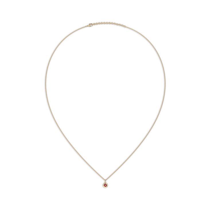 This mini and exquisite gold necklace uses a layered bezel to enclose a 3mm charming Lab-grown ruby, presenting a simple, classic and elegant visual embellishment. | Gold Color: 18K Gold Vermeil (Not to be confused with regular gold plating, our vermeil is a thick layer of 18k solid gold on sterling silver meaning it will last longer. You get the look & feel of gold jewelry at a fraction of the price) Silver Color: Sterling Silver (925 Sterling Silver is a lightweight metal made of 92.5% pure silver. It’s highly durable and designed for everyday wear) | Stone:Lab-grown gemstone | Color: D,E,F | Clarity: VVS | Carat Weight: 0.14ct | Carbon Emission: 0% Classic Ruby Necklace In Yellow Gold, Classic Yellow Gold Ruby Necklace, Elegant Ruby Necklace With Delicate Chain, Classic Ruby Necklace As A Gift, Minimalist Ruby Birthstone Necklace, Rose Gold Ruby Birthstone Necklace, Gold Ruby Necklaces With Bezel Setting, Ruby Necklace With Bezel Setting As Gift, Dainty Round Ruby Necklaces