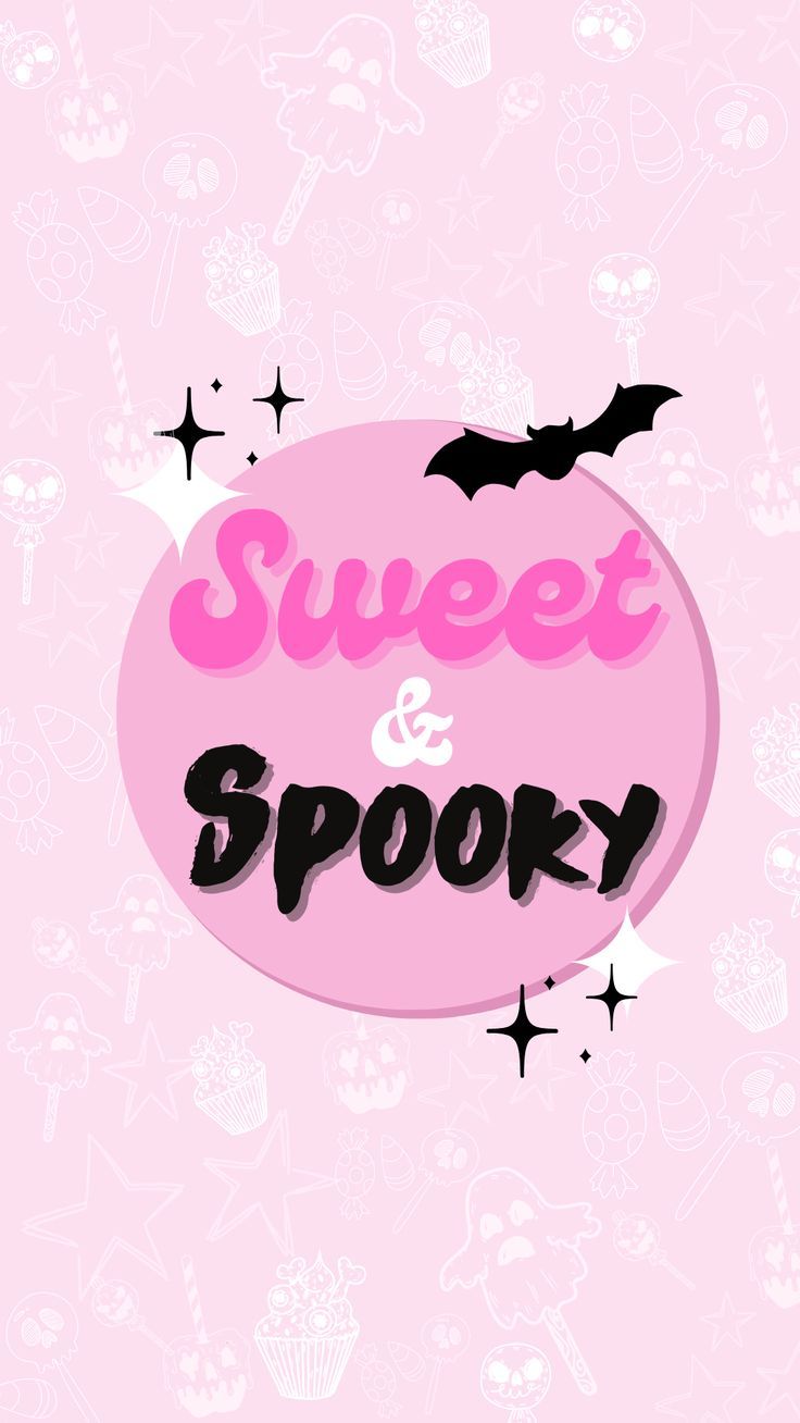 the words sweet and spooky are written in black on a pink background