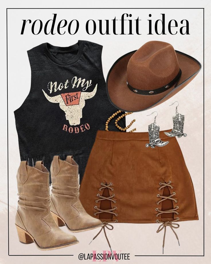 Saddle up in style with this rodeo-ready ensemble! Pair a bold rodeo tank top with a flirty suede mini skirt for a touch of Western flair. Complete the look with cowgirl earrings, a classic cowgirl hat, and rugged western cowgirl boots for a look that's both chic and country-cool.  women outfits | black women | women western | black women | summer outfit Women’s Cowboy Outfits, Cow Girl Outfit Black Women, Cow Boy Outfit Women, Black Rodeo Outfits For Women, Rodeo Outfits For Black Women, Black Cowgirl Aesthetic, Cowgirl Outfits Black Women, Tanner Adell, Women Outfits Black