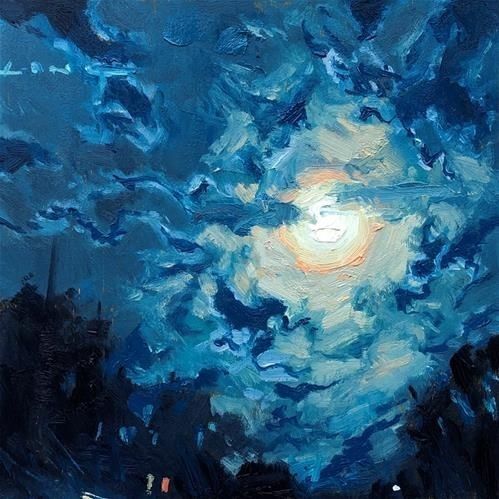 an oil painting of the night sky with clouds and sun shining brightly in it's center