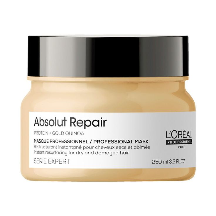 L'Oreal Professionnel Absolut Repair Mask provides our ultimate professional deep repair experience for damaged and dry hair. The repairing mask visibly resurfaces damaged hair resulting in less fiber surface damage.The hair is manageable and shinier after the treatment routine including the Absolut Repair repairing shampoo. The fiber is strengthened and restored thanks to the powerful superfood ingredients quinoa and protein.This luxurious mask has a silky texture, which envelopes damaged hair with care, without leaving any residue​. To minimise damage and optimise repair, use the complete Absolut Repair routine. Benefits: Resurfaces damaged hair Nourishing damaged hair without leaving any residue Hair feels lightweight, softer, and more manageable Shine enhancing How to Use After Absolut Mascara Loreal, Loreal Mascara, Protein Hair Mask, Quinoa Protein, Hair Protein, Repair Mask, Nourishing Shampoo, Damaged Hair Repair, Aftershave