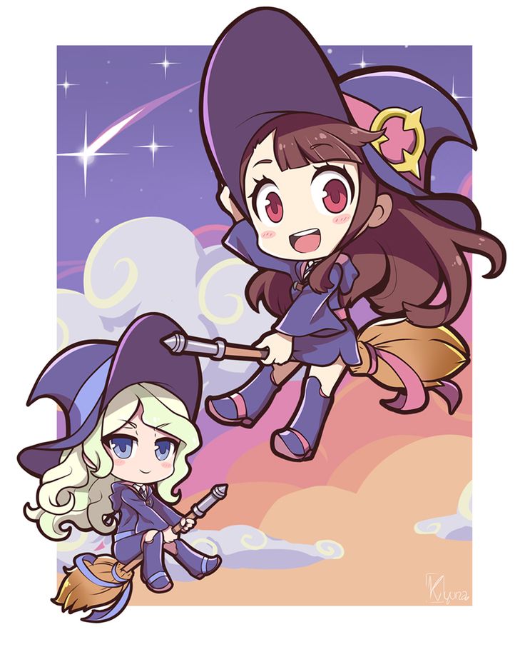 two cartoon characters dressed as witches flying in the sky