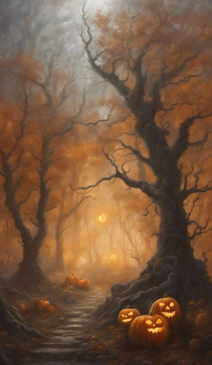 a painting of pumpkins in the woods