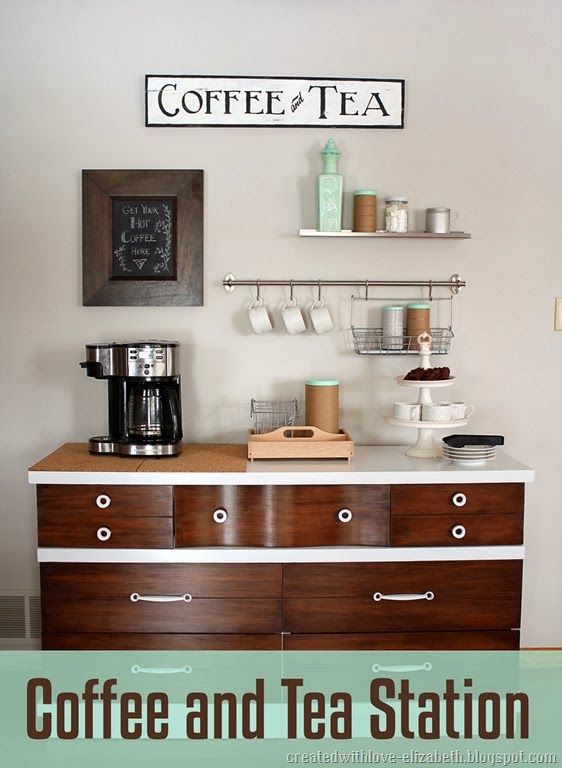 a coffee bar with wooden drawers and shelves