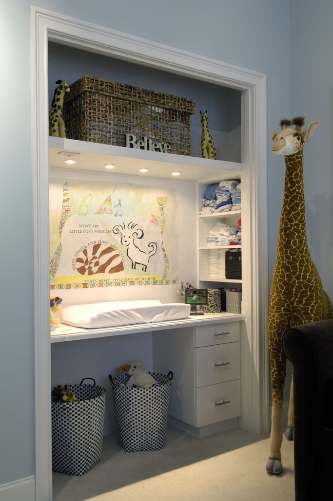 a giraffe is standing in the closet next to baskets and bookshelves