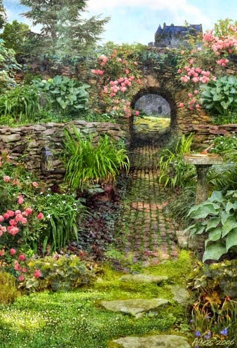 a painting of a garden with flowers and plants in the foreground, surrounded by stone walls